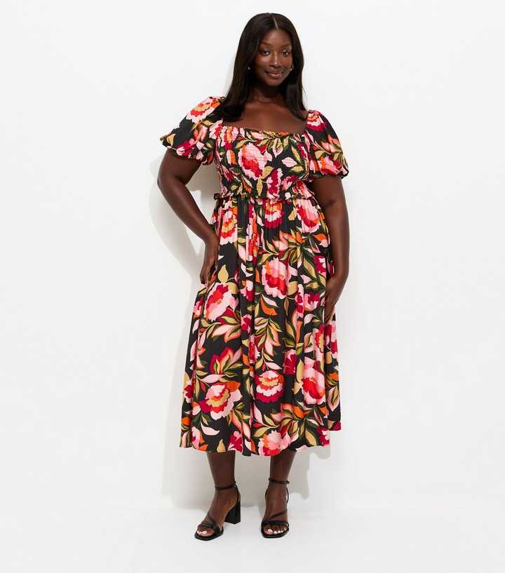 Curves Black Floral Print Milkmaid Midi Dress