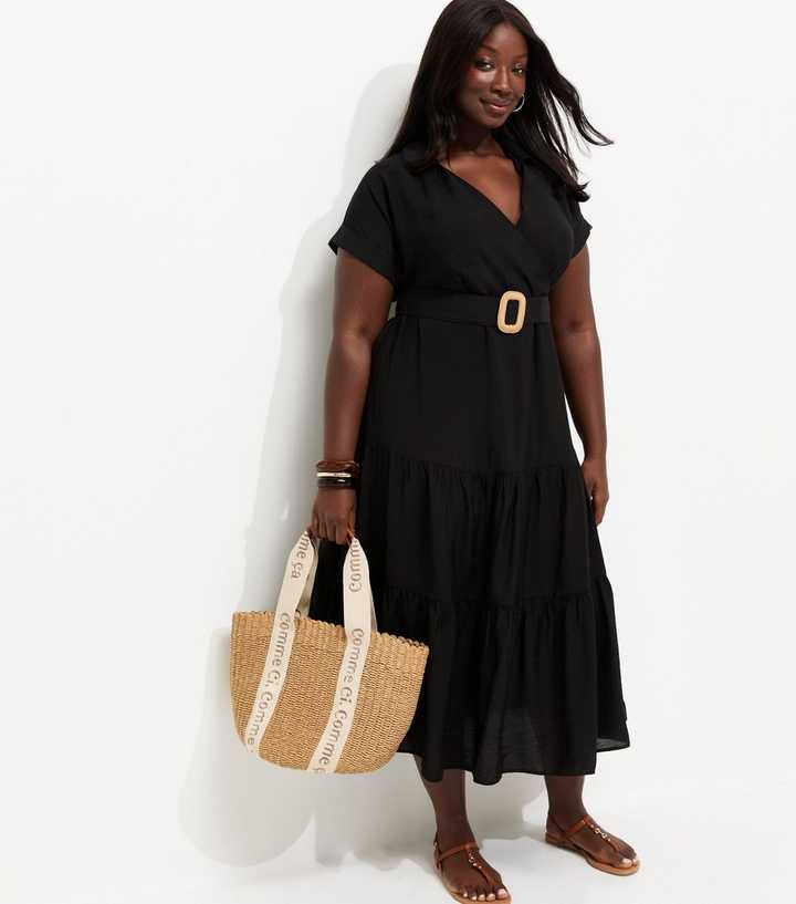 Curves Black Tiered Shirt Raffia Belt Midi Dress