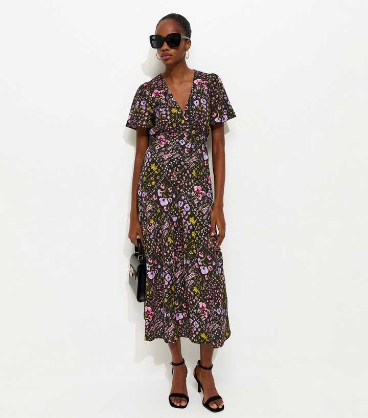 Black Floral Print Tiered Midi Dress