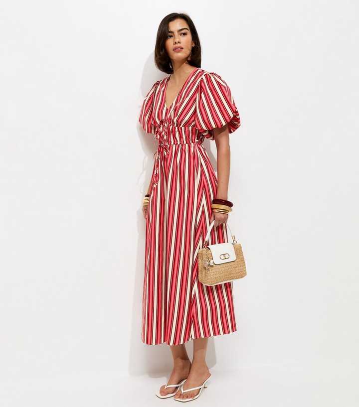 Pink Cotton Striped Puff Sleeve Midi Dress