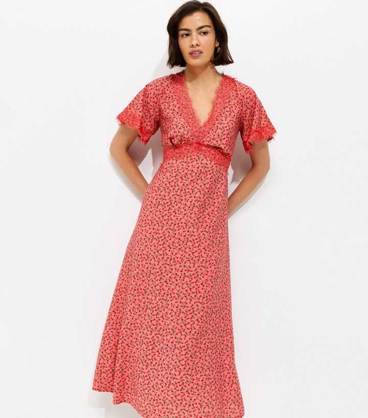 open lace back dress Red Ditsy Floral Ruched Frill Dress  AX Paris