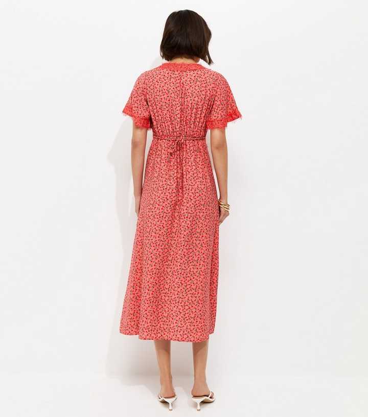 new look red floral midi dress Red Floral Ditsy Lace Tea Midi Dress