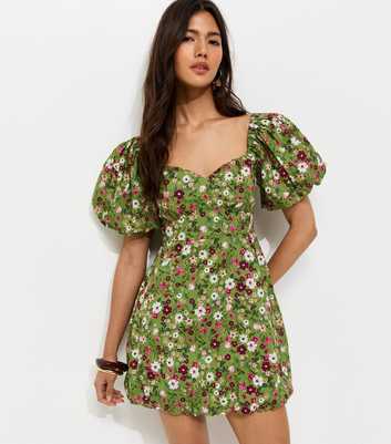 Green Floral Print Milkmaid Mini Dress