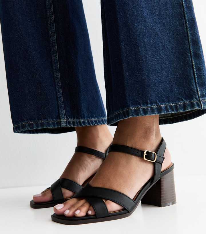 Black Faux Leather Block Heel Sandals