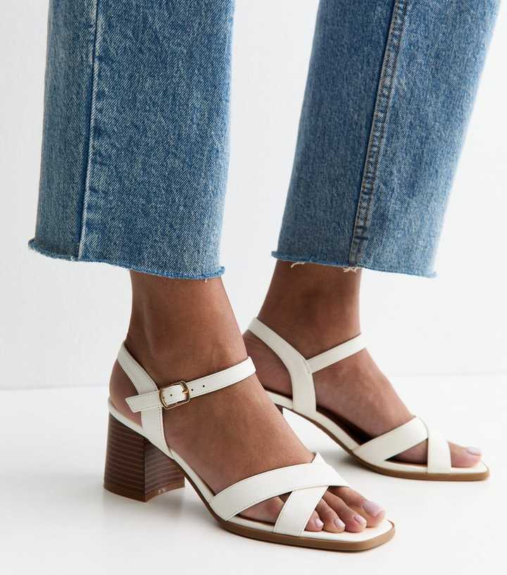 White Faux Leather Block Heel Sandals