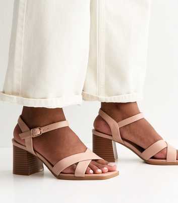 Light Pink Faux Leather Block Heel Sandals