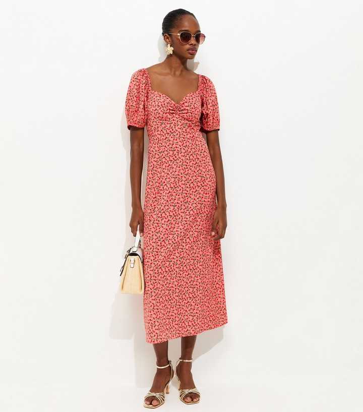 Pink Floral Print Crepe Midi Dress