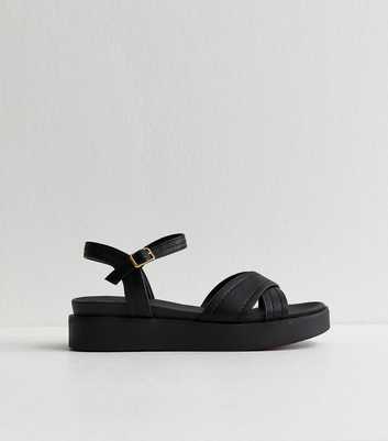 Black Faux Leather Cross Over Flatform Sandals