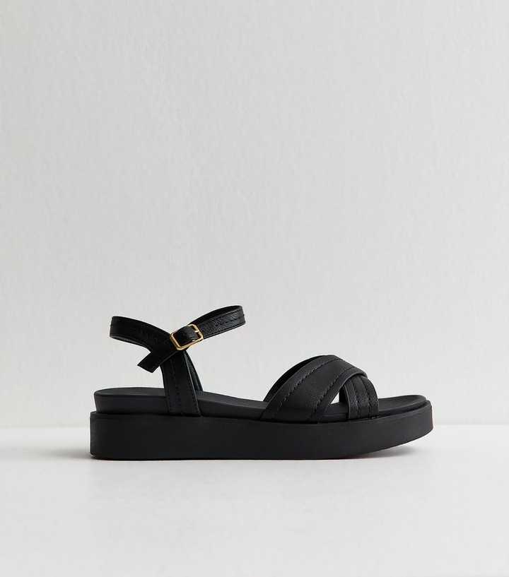 Black Faux Leather Cross Over Flatform Sandals