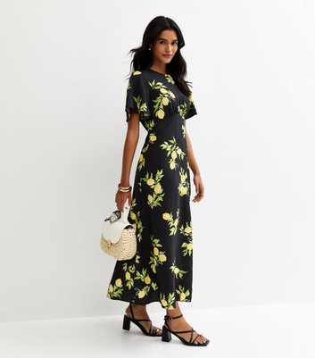 Black Lemon Print Flutter Sleeve Midi Dress