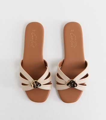 Off White Faux Leather Hammered Hardware Flat Mule Sandals
