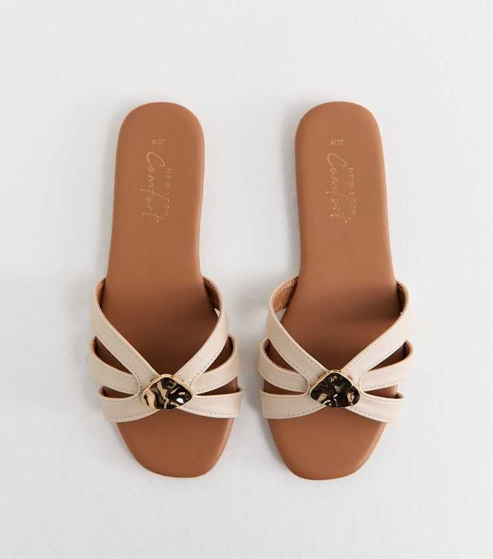 Off White Faux Leather Hammered Hardware Flat Mule Sandals