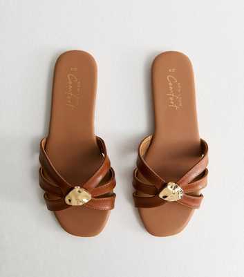 Tan Faux Leather Hammered Hardware Flat Mule Sandals