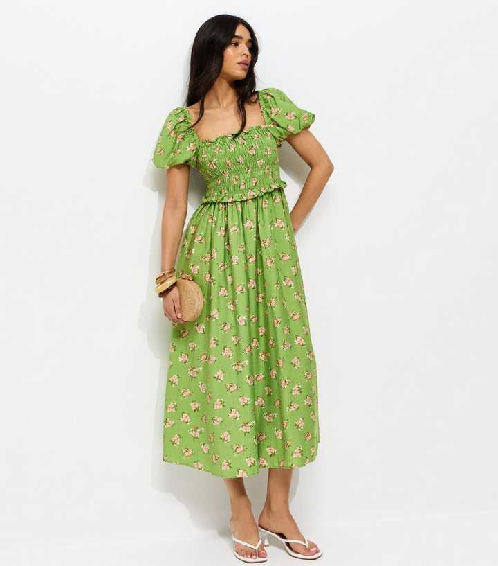 Green Floral Shirred Puff Sleeve Midi Dress