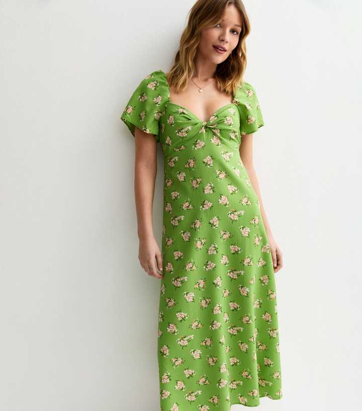 Green Floral Sweetheart Neck Midi Dress
