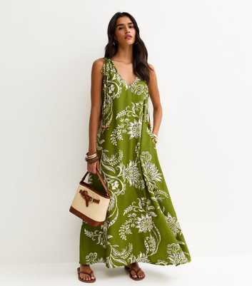 Green Floral Beaded V Neck Midi Dress