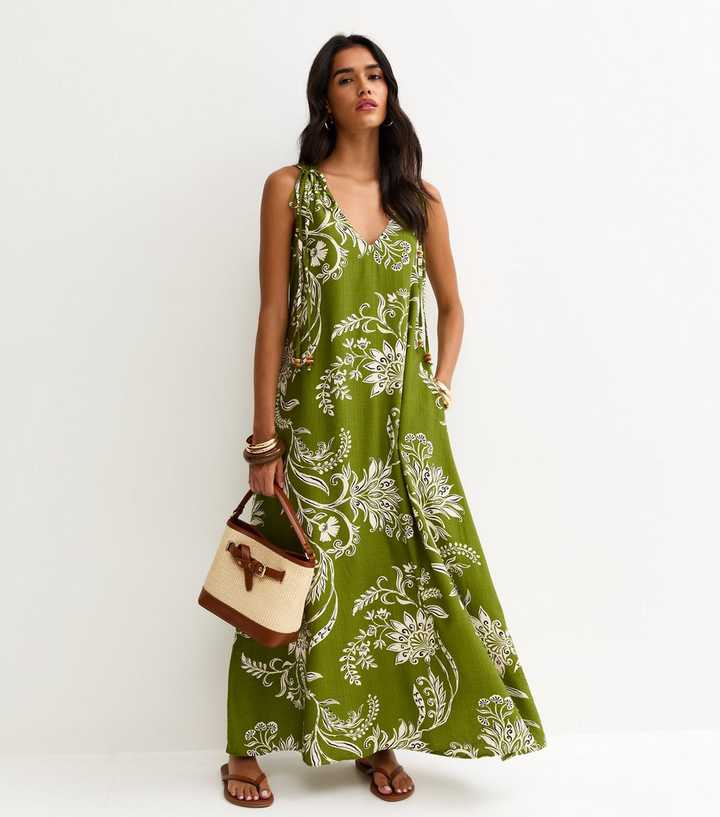 Green Floral Beaded V Neck Midi Dress