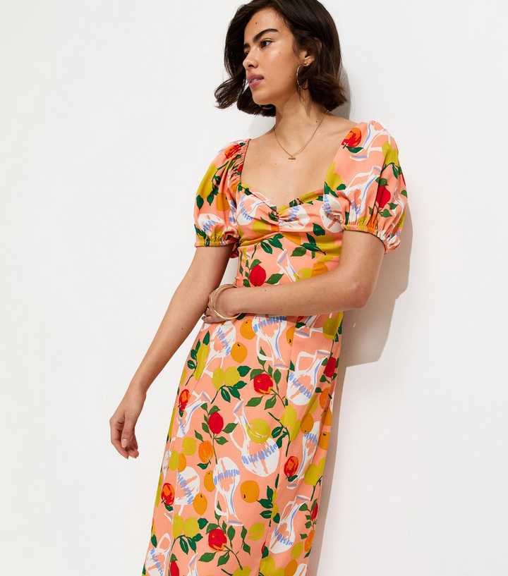 Pink Fruit Print Crepe Midi Dress