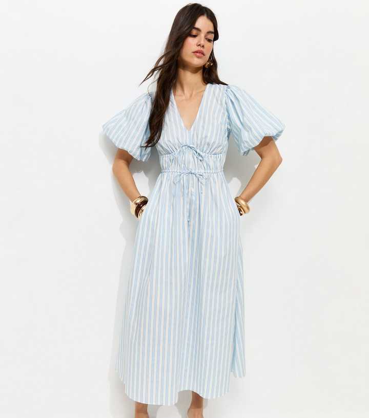 Blue Striped Puff Sleeve Midi Dress