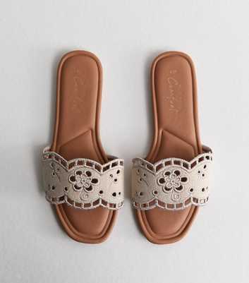 Off White Floral Broderie Anglaise Flat Mule Sandals