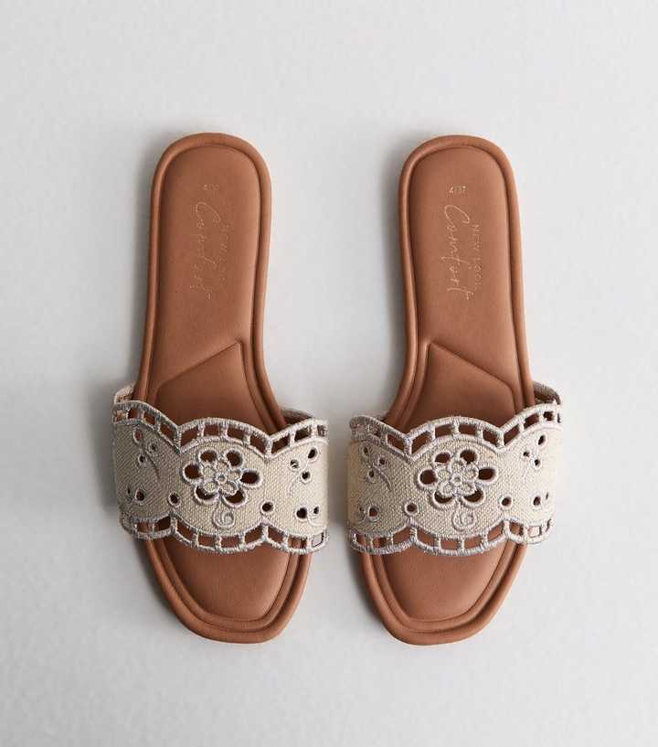Off White Floral Broderie Anglaise Flat Mule Sandals