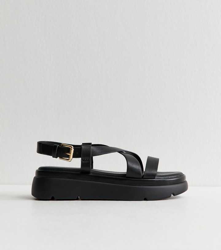 Black Faux Leather Crossover Strap Flatform Sandals