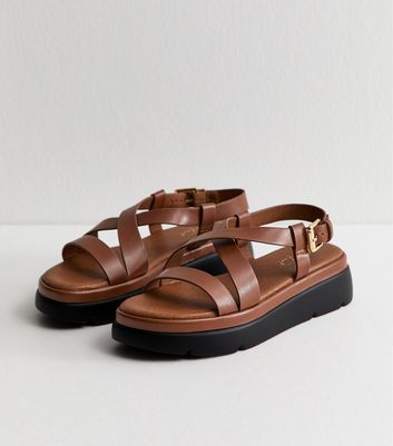 Tan Faux Leather Crossover Strap Flatform Sandals