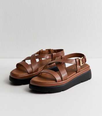 Tan Faux Leather Crossover Strap Flatform Sandals