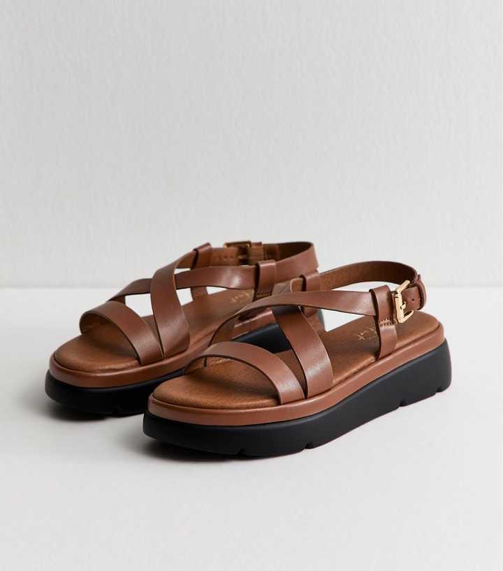 Tan Faux Leather Crossover Strap Flatform Sandals