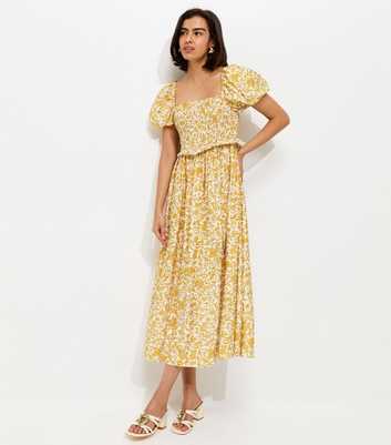 Yellow Floral Shirred Midi Dress