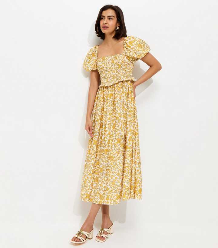 Yellow Floral Shirred Midi Dress
