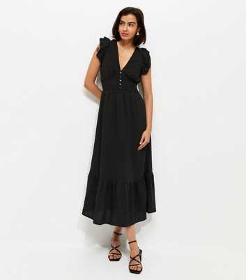 Black Ruffled Cap Sleeve Midi Dress