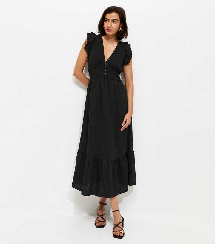 Black Ruffled Cap Sleeve Midi Dress