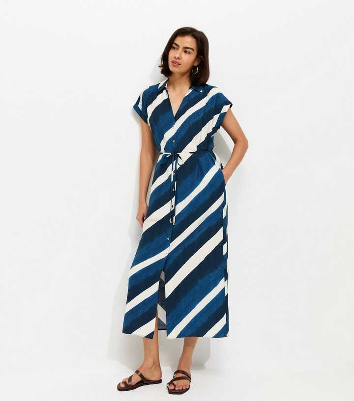 Blue Striped Short Sleeve Midi Shirt Dress