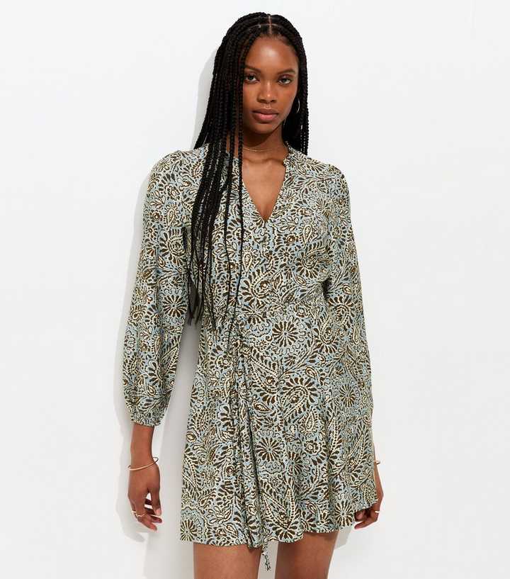 Blue Paisley Print Godet Skirt Mini Dress