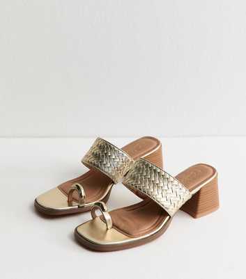 Gold Faux Leather Braided Strap Heeled Sandals