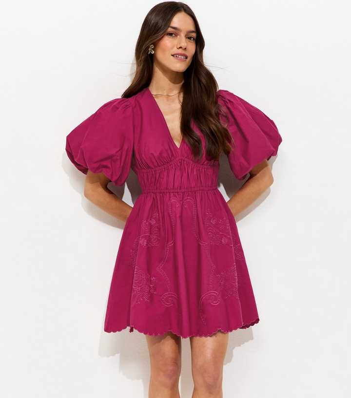 Petite Light Burgundy Cutwork V-Neck Mini Dress