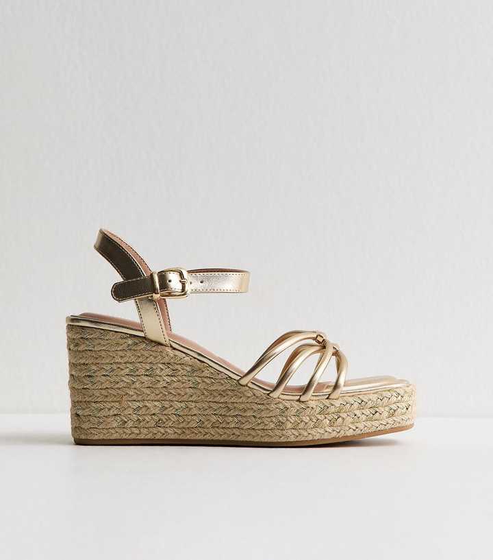 Gold Faux Leather Strappy Wedges