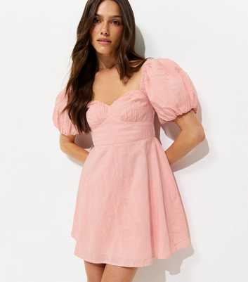 Petite Light Pink Floral Embroidery Puff Sleeve Mini Dress