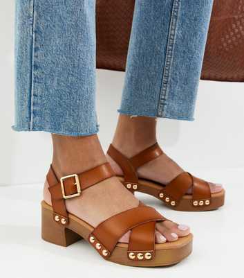 Tan Faux Leather Clog Block Heel Sandals