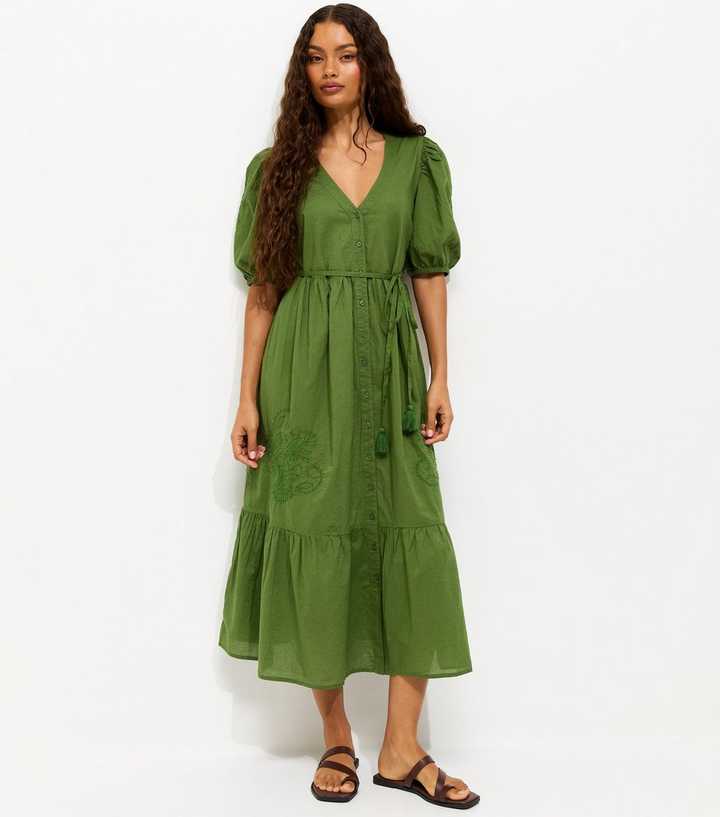 Petite Bright Green Floral Embroidered Smock Shirt Dress