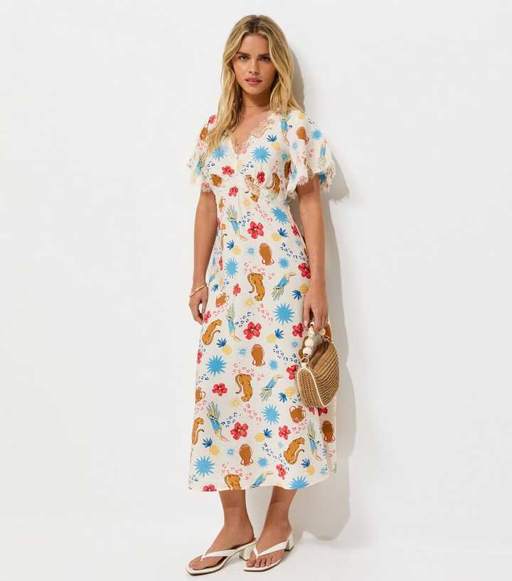 Petite Cream Leopard Print Lace Trim Midi Tea Dress