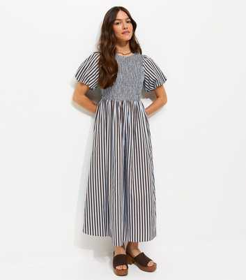 Petite Blue Striped Shirred Bust Puff Sleeve Midi Dress