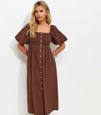 Petite Dark Brown Button Through Milkmaid Midi Dress