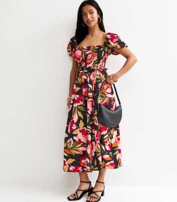 Petite Black Floral Print Shirrd Milkmaid Midi Dress