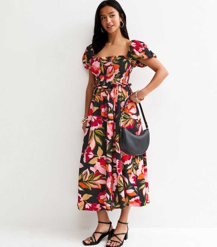 Petite Black Floral Print Shirrd Milkmaid Midi Dress