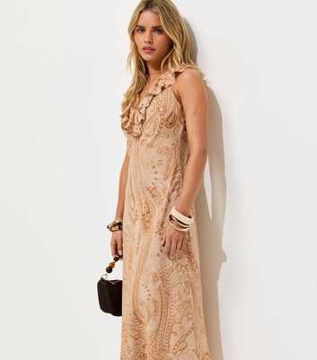Petite Cream Paisley Print Ruffle Trim Midi Dress