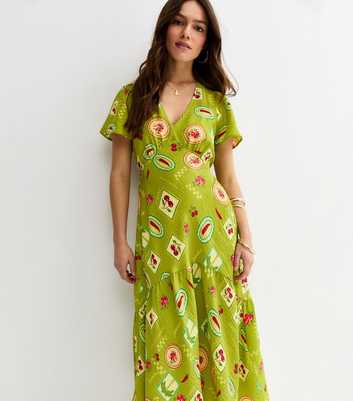 Petite Green Fruit Print Tier Midi dress