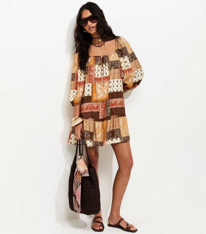 Brown Patchwork Print Smock Mini Dress