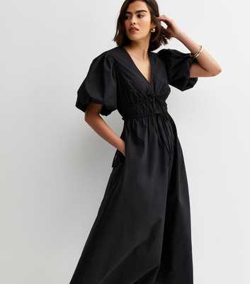 Black Cotton Puff Sleeve Midi Dress
